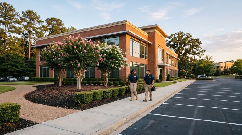 Clean commercial office building with trimmed grounds and striped parking lot