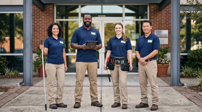 205 Services crew at a Birmingham office entrance