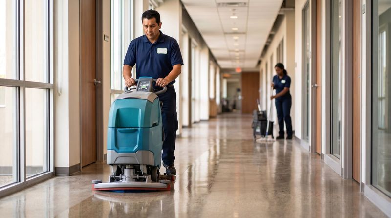 Crew member running a floor scrubber down an office hallway