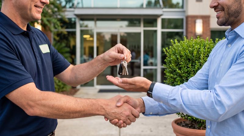 Handing over building keys at a commercial entrance
